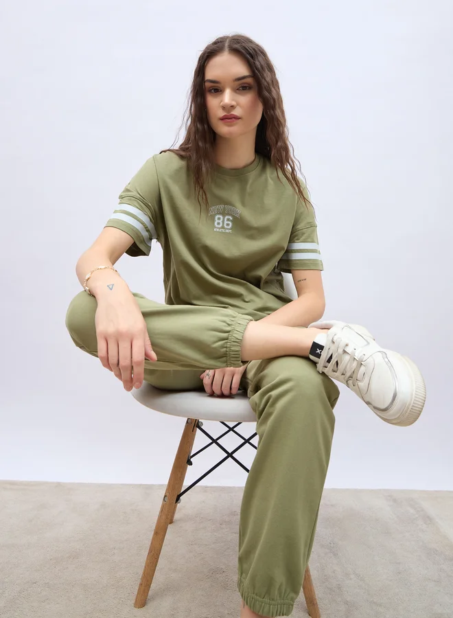 Styli Slogan Print Oversized T-Shirt and Joggers Co-Ords
