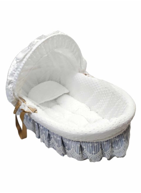 Baby Basket Moses Beaded Wicker Cot Infant Bedding With Pillow, Handle, Mosquito Net Silver
