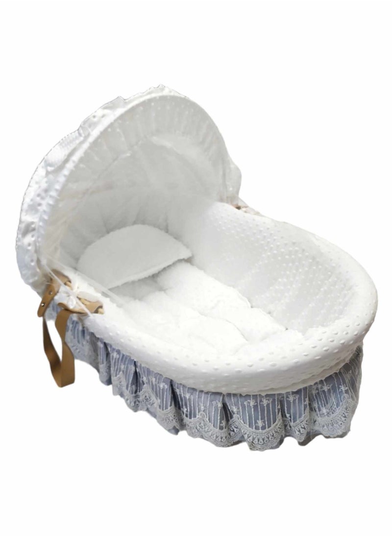 Everything For Kids - Baby Basket Moses Beaded Wicker Cot Infant Bedding With Pillow, Handle, Mosquito Net Silver - Image 1