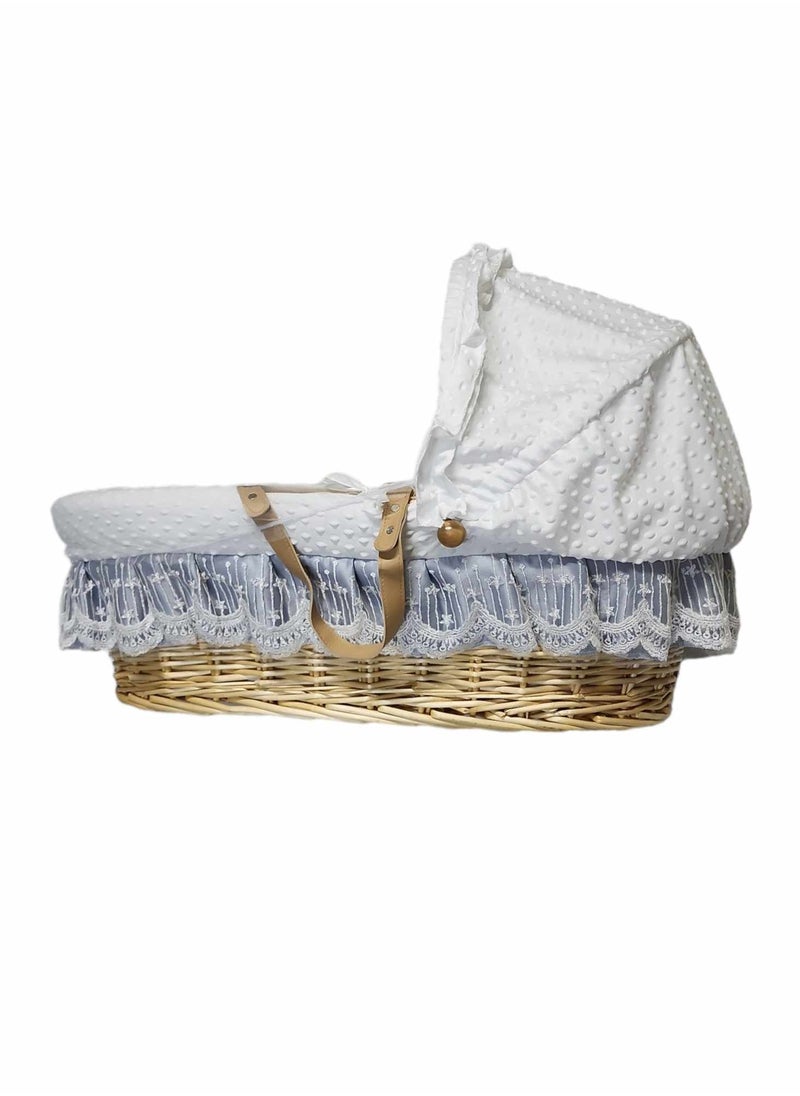 Everything For Kids - Baby Basket Moses Beaded Wicker Cot Infant Bedding With Pillow, Handle, Mosquito Net Silver - Image 1