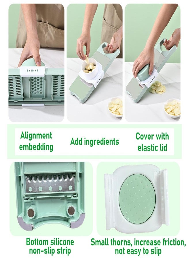 جيانجلاي قطاعة خضار، قطاعة طعام ماندولين مع وعاء يدوي، 6 شفرات وعلبة شفرات، قطاعة خيار، أدوات مطبخ مغناطيسية للخضراوات (بطاطس، بصل، جزر) (أخضر (بدون مغناطيس)، 7 في 1) - Image 3
