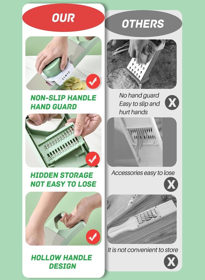 جيانجلاي قطاعة خضار، قطاعة طعام ماندولين مع وعاء يدوي، 6 شفرات وعلبة شفرات، قطاعة خيار، أدوات مطبخ مغناطيسية للخضراوات (بطاطس، بصل، جزر) (أخضر (بدون مغناطيس)، 7 في 1) - Image 5