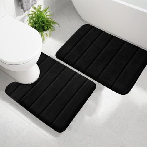 AINAHYVA Memory Foam Bathroom Rugs Sets 2 Piece, Extra Soft Absorbent Quick Dry Bath Mat Set, with U-Shaped Toilet Rug, Machine Washable Non Slip Bath Rugs for Bathroom, Shower and Tub, Black - Image 1