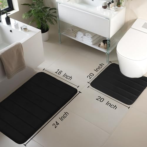 AINAHYVA Memory Foam Bathroom Rugs Sets 2 Piece, Extra Soft Absorbent Quick Dry Bath Mat Set, with U-Shaped Toilet Rug, Machine Washable Non Slip Bath Rugs for Bathroom, Shower and Tub, Black - Image 2