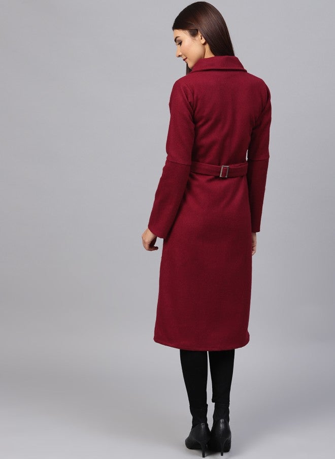 Athena Maroon Longline Overcoat for Women - Image 4