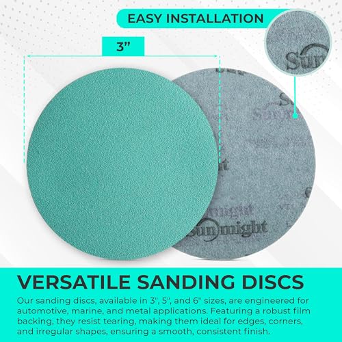 Sunmight Film Grip No Hole 3 Inch Sanding Discs - 2000 Grit, Premium Aluminum Oxide - Strong Film Backing for Automotive, Marine, Wood & Metal Applications - Excellent Cutting and Long Life (50 Pcs) - Image 4