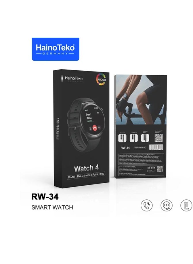 Haino Teko Germany RW 34 Smart Watch for Men and Boys with AMOLED Display Fitness Tracker Heart Rate Monitor Sleep Tracker Waterproof Design Customizable Straps Call Message Alerts Multi Function Sports Watch for Daily Use Best Digital Health Tracker Wearable Tech for Fitness