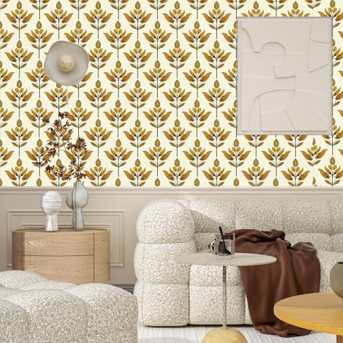 BOKEBEVE Extra Long Floral Wallpaepr Peel and Stick Modern Symmetry Leaves Wall Paper Boho Contact Paper for Cabient Accent Wall Bedroom Removable Beige Gold Yellow 17.5 x 393.5In - Image 2