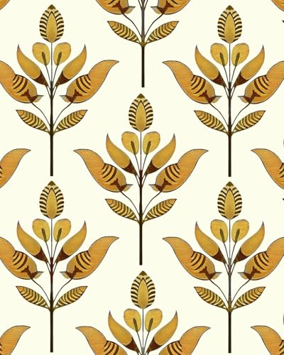 BOKEBEVE Extra Long Floral Wallpaepr Peel and Stick Modern Symmetry Leaves Wall Paper Boho Contact Paper for Cabient Accent Wall Bedroom Removable Beige Gold Yellow 17.5 x 393.5In - Image 1