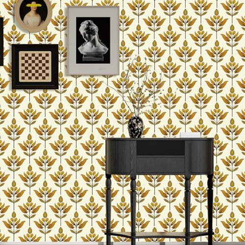 BOKEBEVE Extra Long Floral Wallpaepr Peel and Stick Modern Symmetry Leaves Wall Paper Boho Contact Paper for Cabient Accent Wall Bedroom Removable Beige Gold Yellow 17.5 x 393.5In - Image 4