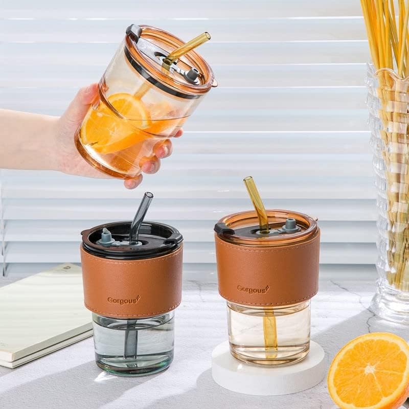 COZY CORNER Glass Tumbler with Silicone Straw 400ml Cup with Leather Sleeve Dual Use Drinking Mouth Light GreyBrown - Image 5