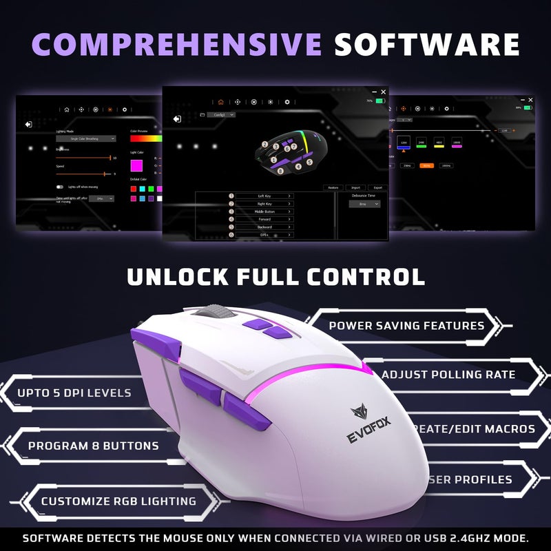 EvoFox Performance Series Banshee Rechargeable Wireless Gaming Mouse (2.4G+BT+Wired), Hyper Connect-Pixart3325 Sensor, Upto 1000Hz Polling Rate & 10000DPI,8 Programmable Buttons,Comprehensive Software - Image 4