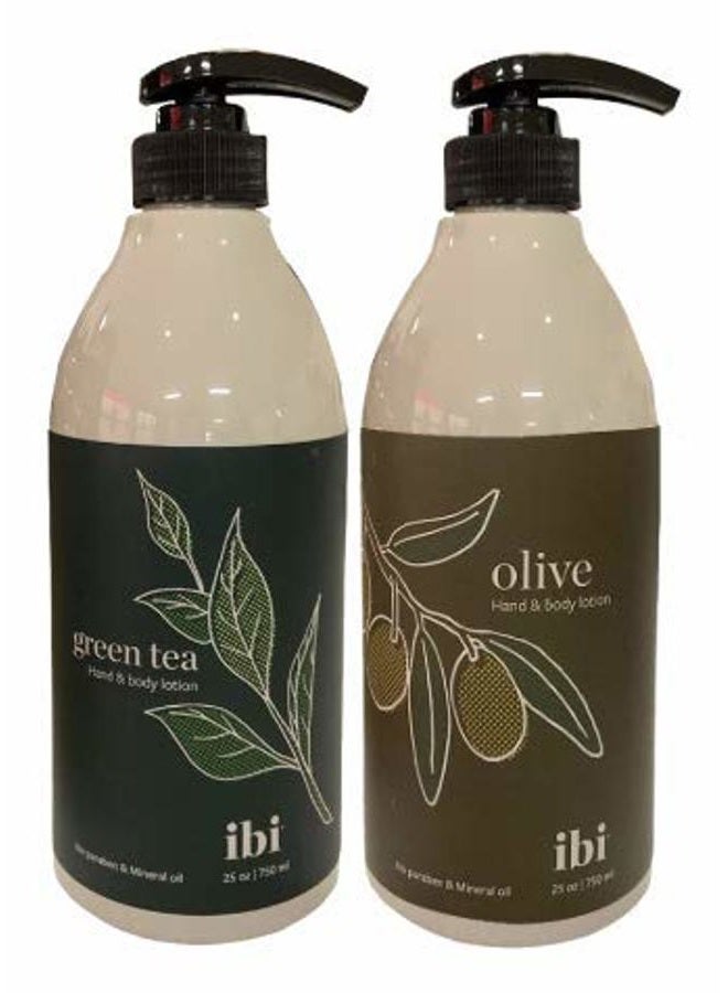 iBi Hand & Body Lotion Set | Includes 1 IBI Refreshing Green Tea Hand & Body Lotion (750mL) & 1 IBI Olive Hand & Body Lotion (750mL) - Image 1