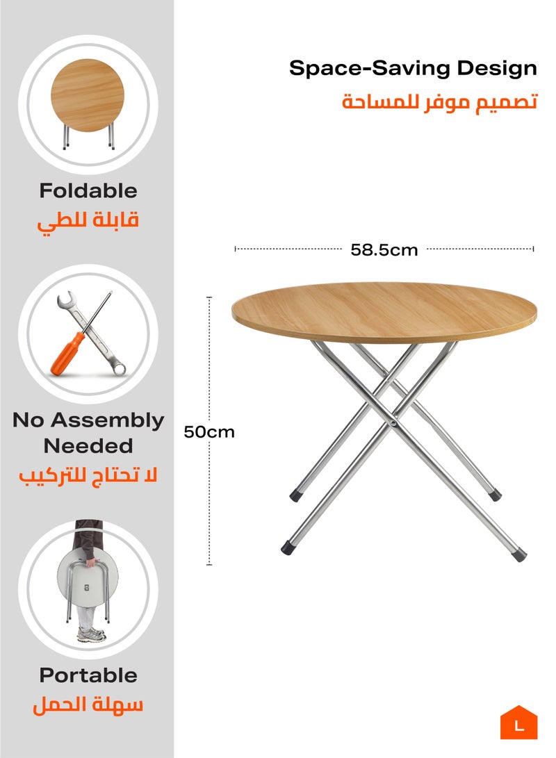 لوازم طاولة دائرية قابلة للطي - 58.5×58.5×50 سم، بني - طاولة متينة ومحمولة بسطح سهل التنظيف مع إطار معدني - مثالية لتناول الطعام، المساحات الصغيرة، غرف المعيشة، الاستخدام الخارجي، النزهات والمناسبات - Image 2