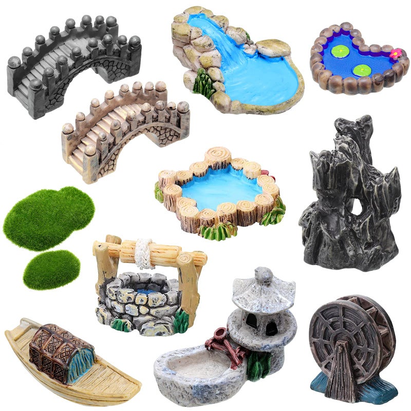Jetec 12 Pcs Mini Fairy Garden Accessories Miniature Tiny Stone Bridge Mini Pond Mountain Moss Stones Water Well Waterwheel Figurines Resin Ornaments for DIY Craft, Lawn Pond Decor - Image 1