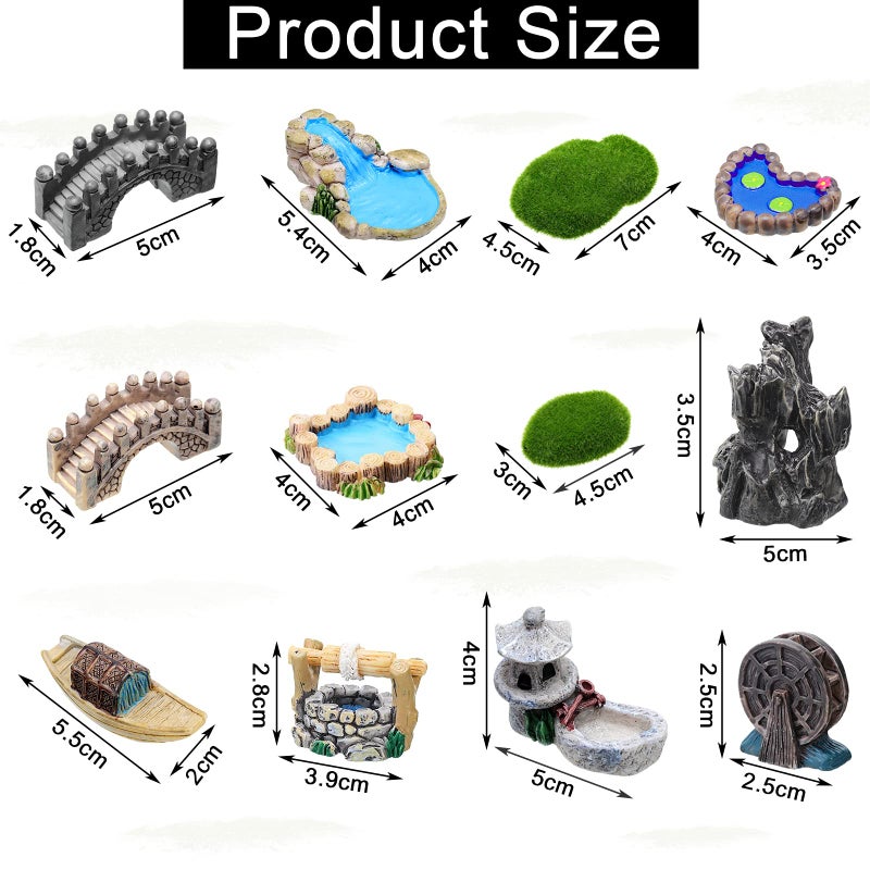Jetec 12 Pcs Mini Fairy Garden Accessories Miniature Tiny Stone Bridge Mini Pond Mountain Moss Stones Water Well Waterwheel Figurines Resin Ornaments for DIY Craft, Lawn Pond Decor - Image 2
