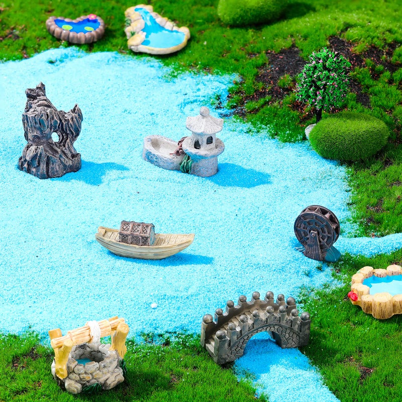 Jetec 12 Pcs Mini Fairy Garden Accessories Miniature Tiny Stone Bridge Mini Pond Mountain Moss Stones Water Well Waterwheel Figurines Resin Ornaments for DIY Craft, Lawn Pond Decor - Image 4