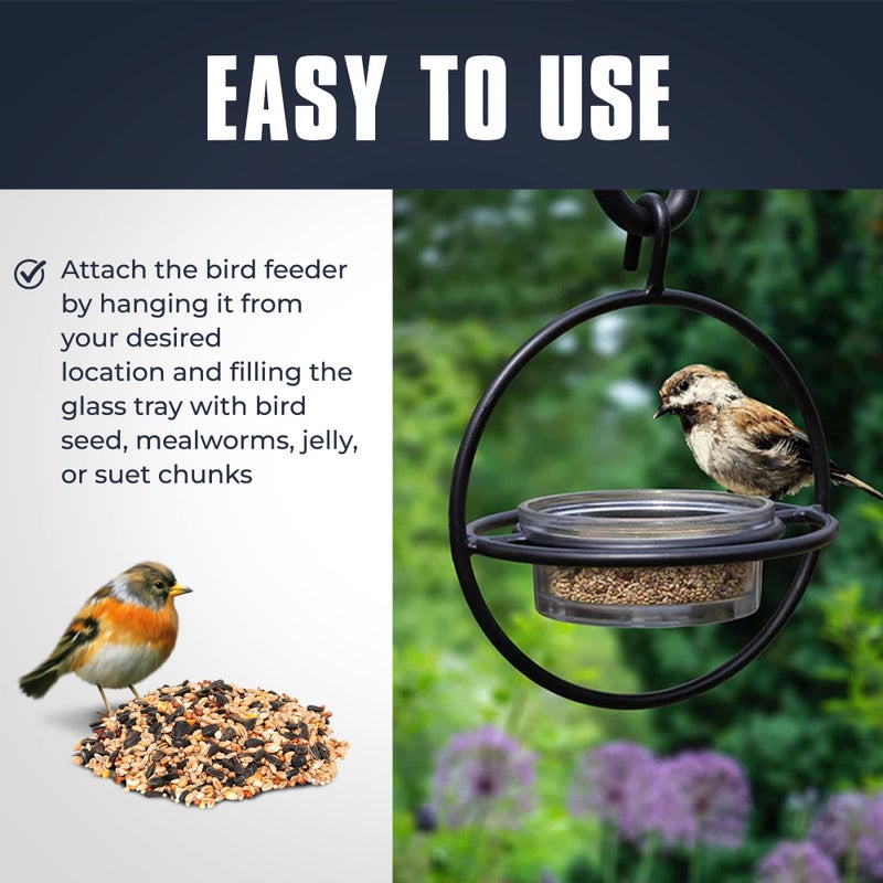 Monarch Abode Hanging Bird Feeder for Outdoors â€“ Hanging Zazu Birdfeeder with Clear Glass Bowl & Metal Perch for Small Birds, Matte Black Decorative Wild Bird Feeder for Outside Garden Patio Deck Yard - Image 5