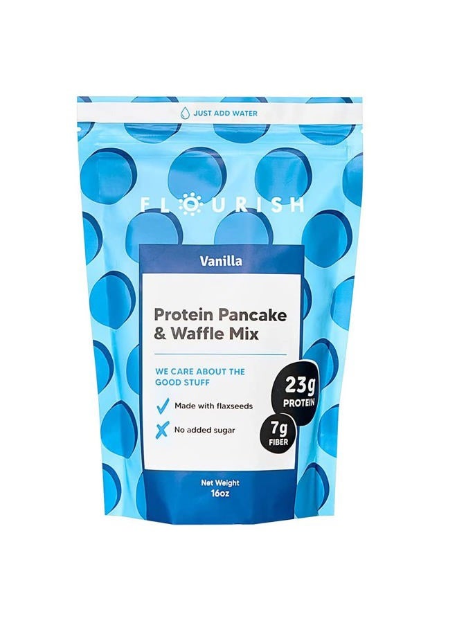 FLOURISH خليط فطائر ووافل البروتين، بروتين مصل اللبن المعزول وبذور الكتان، غير معدلة وراثيًا، بدون سكر مضاف، غذاء خارق، عالي البروتين والألياف، فقط أضف الماء - فانيليا، 16 أونصة - Image 1