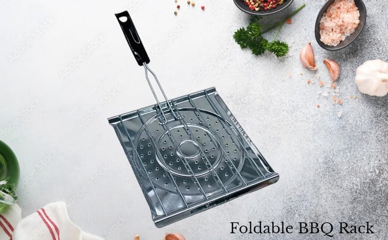 Kruvad BBQ Toaster Black Grill Foldable Plastick Handle Stainless Steel Steaks Pan Grill Easy to Use for Home Kitchen Seafood Vegetables Outdoor Barbecue 20x20x25 CM - Image 5