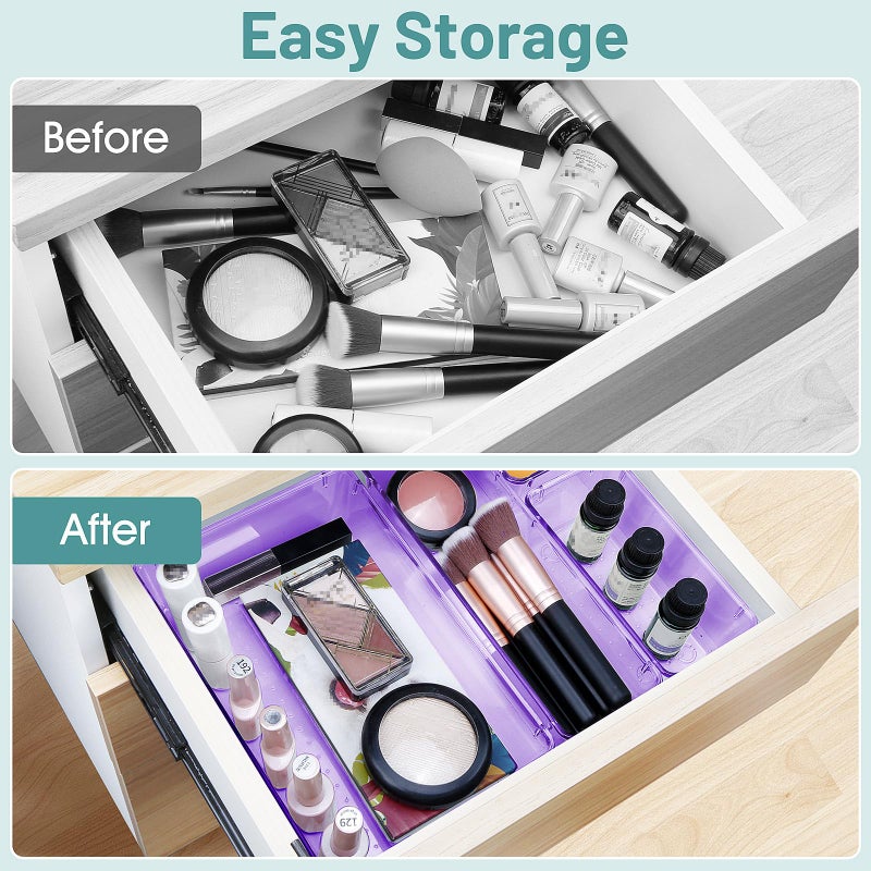 WOWBOX 25 PCS Plastic Drawer Organizer Set, Desk Drawer Divider Organizers and Storage Bins for Makeup, Jewelry, Gadgets for Kitchen, Bedroom, Bathroom, Office, Clear Purple - Image 4