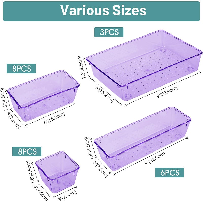 WOWBOX 25 PCS Plastic Drawer Organizer Set, Desk Drawer Divider Organizers and Storage Bins for Makeup, Jewelry, Gadgets for Kitchen, Bedroom, Bathroom, Office, Clear Purple - Image 2