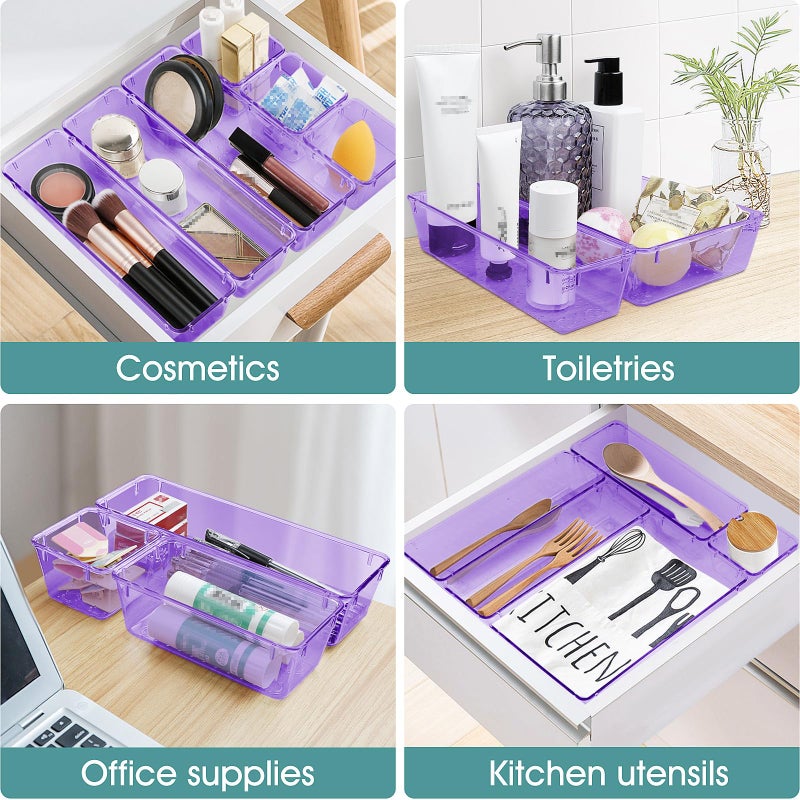 WOWBOX 25 PCS Plastic Drawer Organizer Set, Desk Drawer Divider Organizers and Storage Bins for Makeup, Jewelry, Gadgets for Kitchen, Bedroom, Bathroom, Office, Clear Purple - Image 5