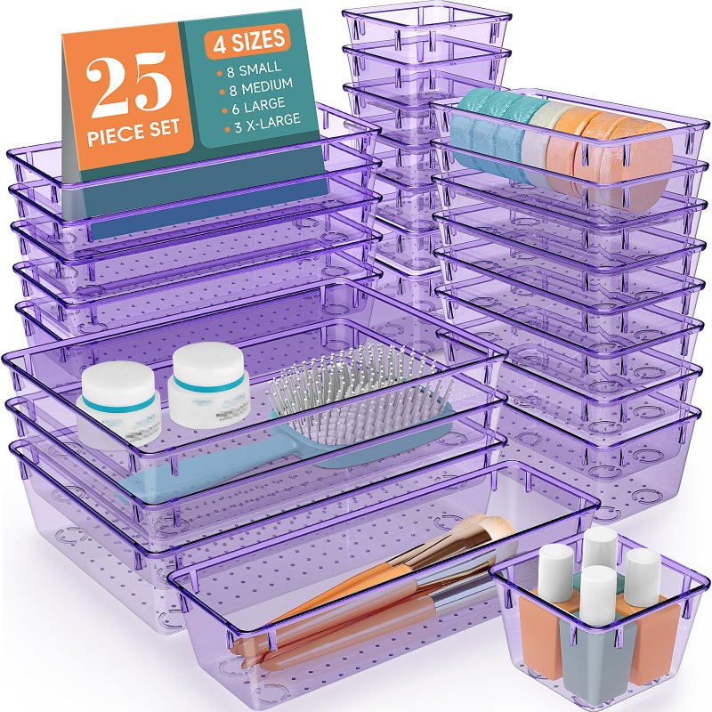 WOWBOX 25 PCS Plastic Drawer Organizer Set, Desk Drawer Divider Organizers and Storage Bins for Makeup, Jewelry, Gadgets for Kitchen, Bedroom, Bathroom, Office, Clear Purple - Image 1
