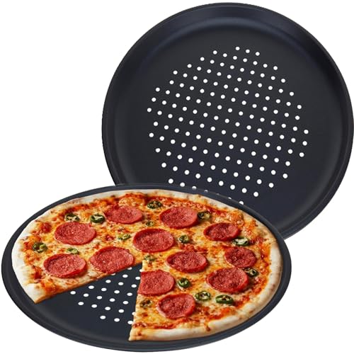 GEEZY Large NonStick Pizza Baking Tray 32cm 125  Set of 2 Round Carbon Steel Perforated Holes Dishwasher Fridge Freezer Safe  Pizza Pan  Plate for Oven Flatbread Family Meals