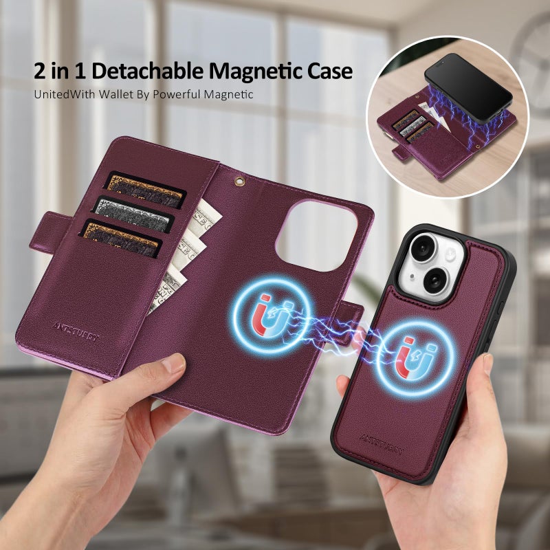 Antsturdy Compatible with Magsafe Magnetic 2 in 1 Detachable iPhone 15 Wallet Case with Credit Card Holder Slots,PU Leather Flip RFID Blocking Phone Cover Wrist Strap Zipper Women Men,Wine Red - Image 3