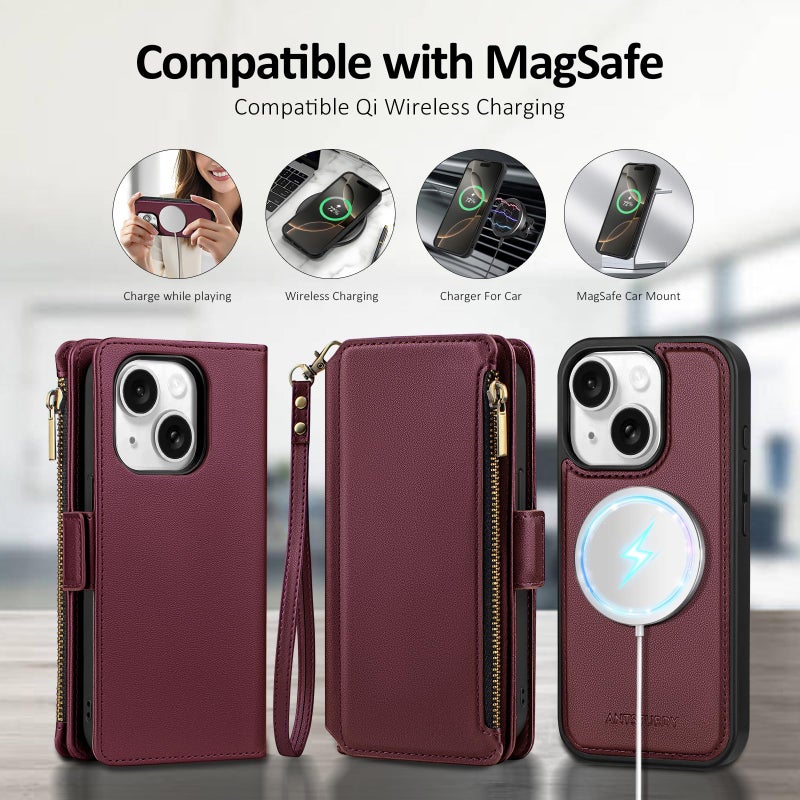 Antsturdy Compatible with Magsafe Magnetic 2 in 1 Detachable iPhone 15 Wallet Case with Credit Card Holder Slots,PU Leather Flip RFID Blocking Phone Cover Wrist Strap Zipper Women Men,Wine Red - Image 4
