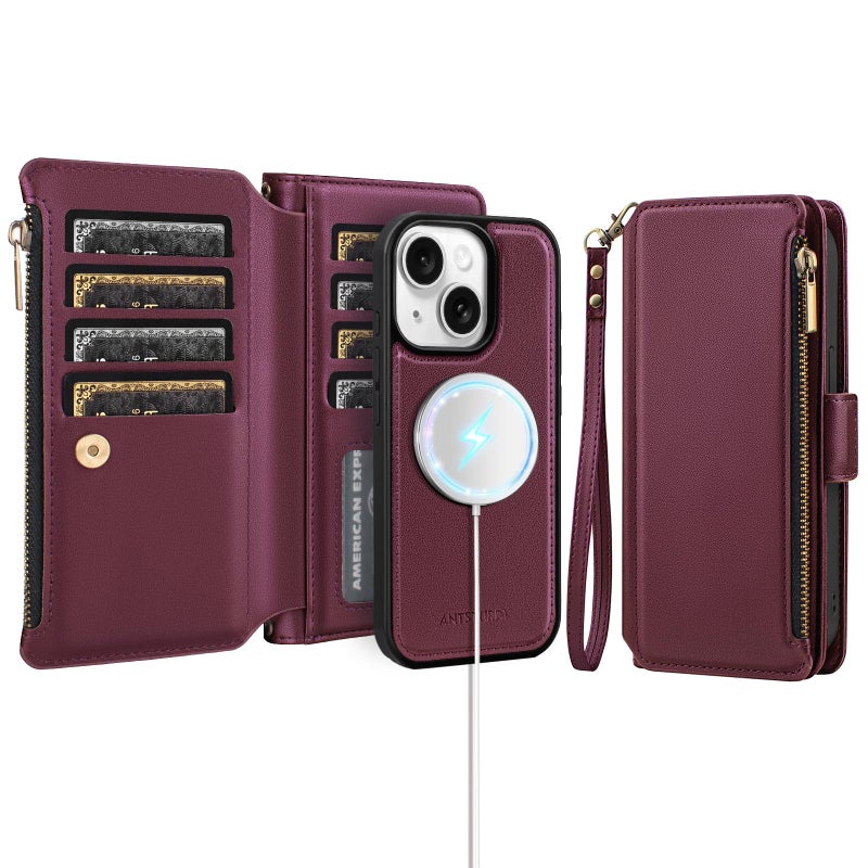 Antsturdy Compatible with Magsafe Magnetic 2 in 1 Detachable iPhone 15 Wallet Case with Credit Card Holder Slots,PU Leather Flip RFID Blocking Phone Cover Wrist Strap Zipper Women Men,Wine Red - Image 1