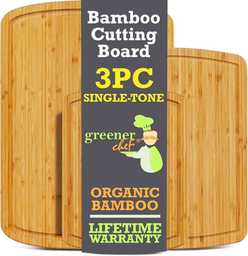 GREENER CHEF Organic Bamboo Cutting Board Set of 3 with Lifetime Replacements  62 More Cutting Area Single Tone Wood Chopping Boards with Juice Groove for Meat Vegetables and Cheese