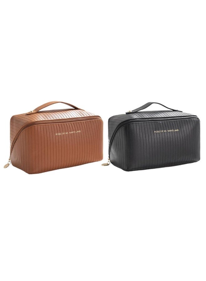 Kashco Set of 2 PU Leather Makeup Bags – Large Capacity Travel Cosmetic Organizer with Handle – Waterproof & Durable – Available in Brown, Pink, or Black (Pack of 2 (Black & Brown)) - Image 1