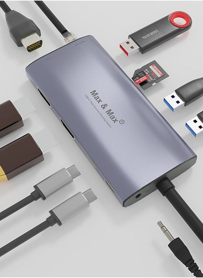 Max & Max - 12 in 1 Multi-Function USB C Hub Dual HDMI Adapter Dock Station USB3.0, 3.1, 4K 2*HDMI, Audio and Micro SD, RJ45, VGA Compatible with MacBook Pro/Air, Chromebook, HP, Dell, Asus, Lenovo, and More - Image 1