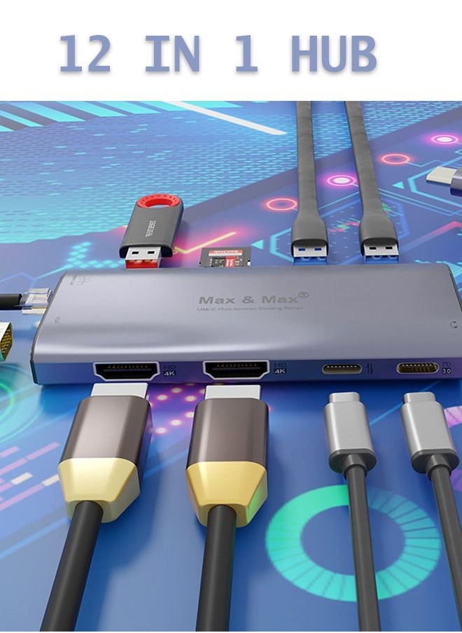 Max & Max - 12 in 1 Multi-Function USB C Hub Dual HDMI Adapter Dock Station USB3.0, 3.1, 4K 2*HDMI, Audio and Micro SD, RJ45, VGA Compatible with MacBook Pro/Air, Chromebook, HP, Dell, Asus, Lenovo, and More - Image 1