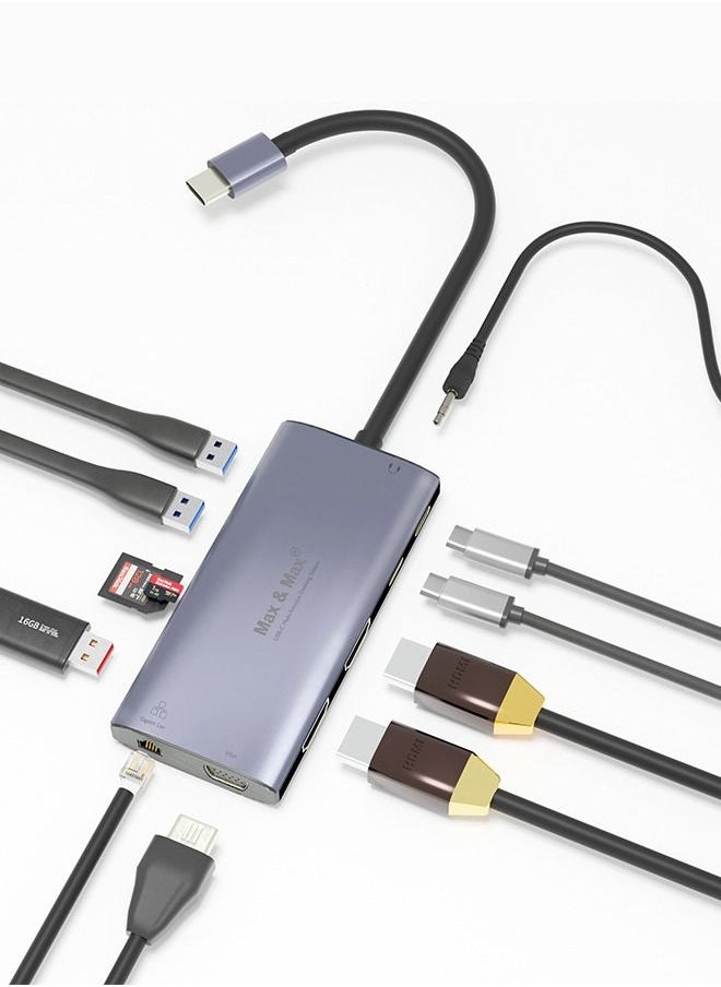 Max & Max - 12 in 1 Multi-Function USB C Hub Dual HDMI Adapter Dock Station USB3.0, 3.1, 4K 2*HDMI, Audio and Micro SD, RJ45, VGA Compatible with MacBook Pro/Air, Chromebook, HP, Dell, Asus, Lenovo, and More - Image 1