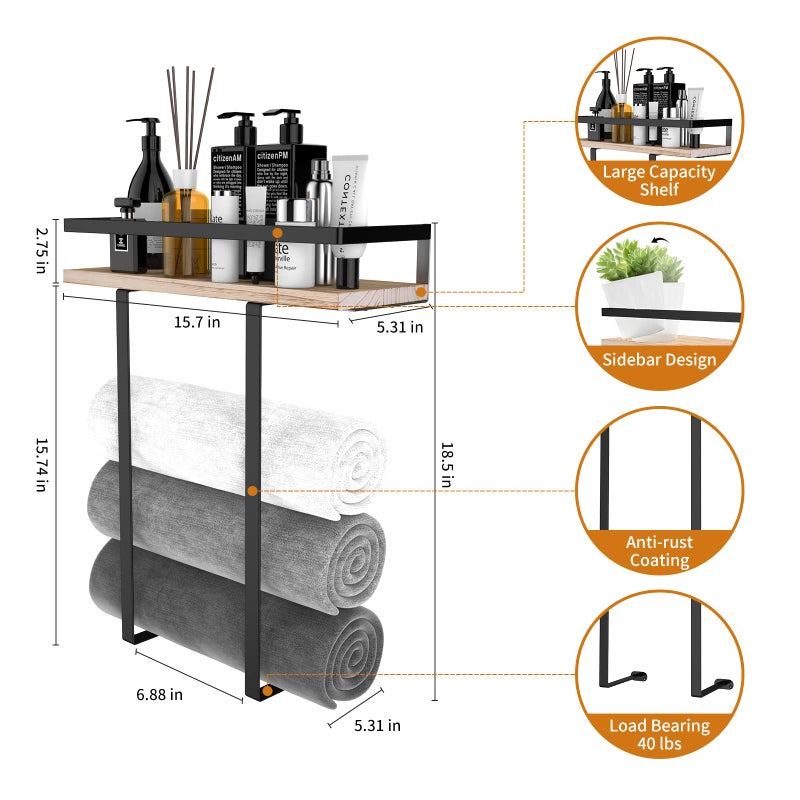 Xstydes Towel Racks for Bathroom Wall Mounted, Metal Towel Holder with Wooden Shelf for Folding Large Towels, Towel Storage for Small Bathroom Organizer Decor or RV Camping - Image 4