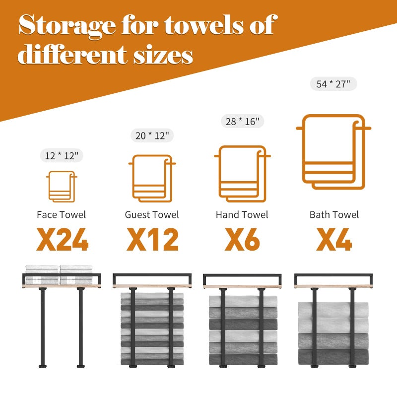 Xstydes Towel Racks for Bathroom Wall Mounted, Metal Towel Holder with Wooden Shelf for Folding Large Towels, Towel Storage for Small Bathroom Organizer Decor or RV Camping - Image 5