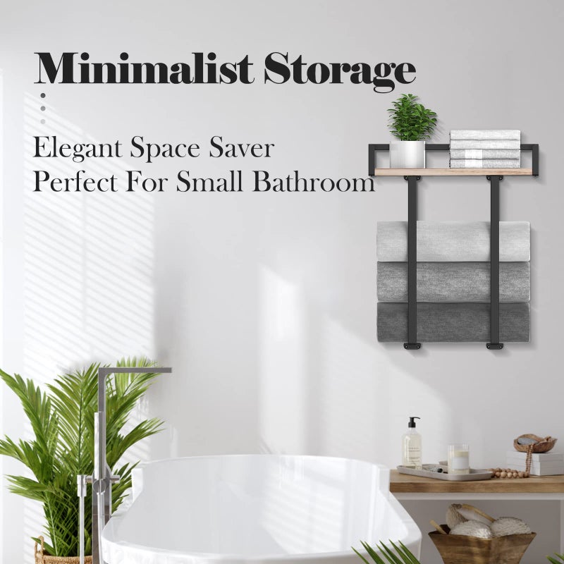 Xstydes Towel Racks for Bathroom Wall Mounted, Metal Towel Holder with Wooden Shelf for Folding Large Towels, Towel Storage for Small Bathroom Organizer Decor or RV Camping - Image 2