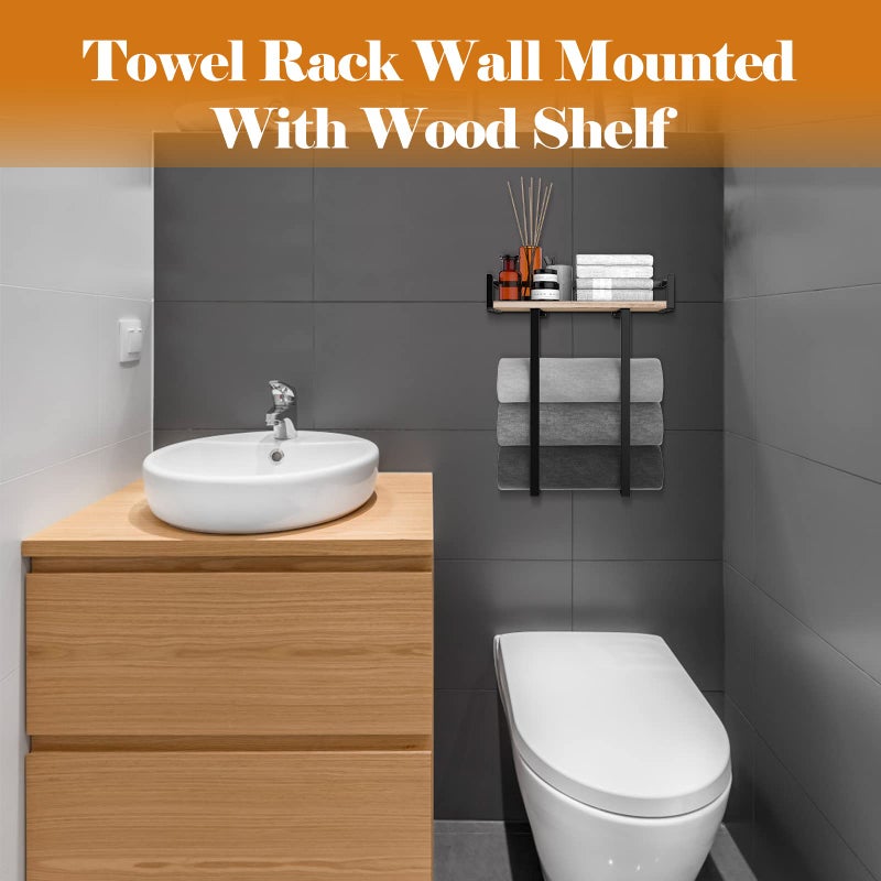 Xstydes Towel Racks for Bathroom Wall Mounted, Metal Towel Holder with Wooden Shelf for Folding Large Towels, Towel Storage for Small Bathroom Organizer Decor or RV Camping - Image 3