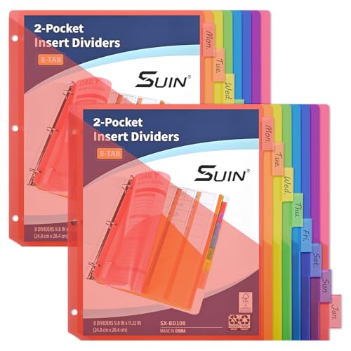 SUIN 8-Tab Insertable Binder Dividers with Double Pockets - Translucent Plastic Page Separators for 3 Ring Binder, Front & Back Storage, Durable Poly, Letter Size, Rainbow Colors, 2-Pack - Image 1