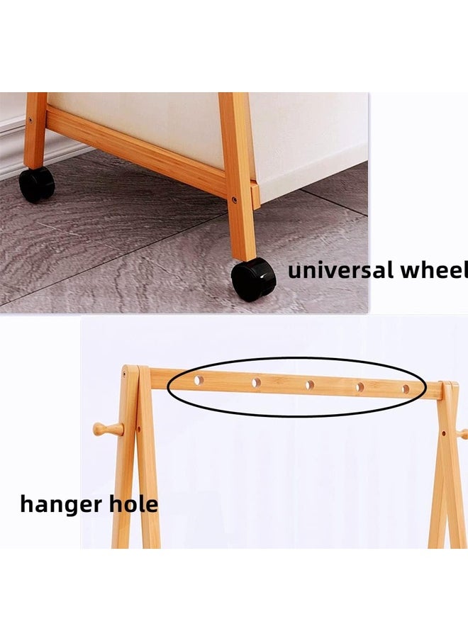 Cady One Wooden Clothes Hanger Organizer and Clothes Rack with Wheels 146 x 65 x 35 cm, Bamboo Clothes Rack with Side Hooks and Fabric Storage Basket  - Image 4