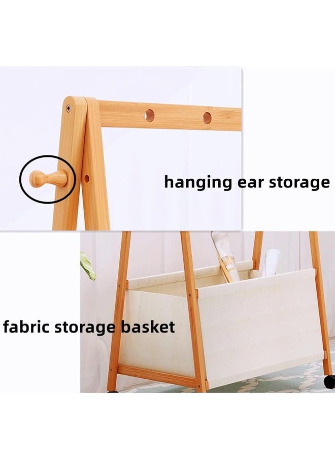 Cady One Wooden Clothes Hanger Organizer and Clothes Rack with Wheels 146 x 65 x 35 cm, Bamboo Clothes Rack with Side Hooks and Fabric Storage Basket  - Image 3