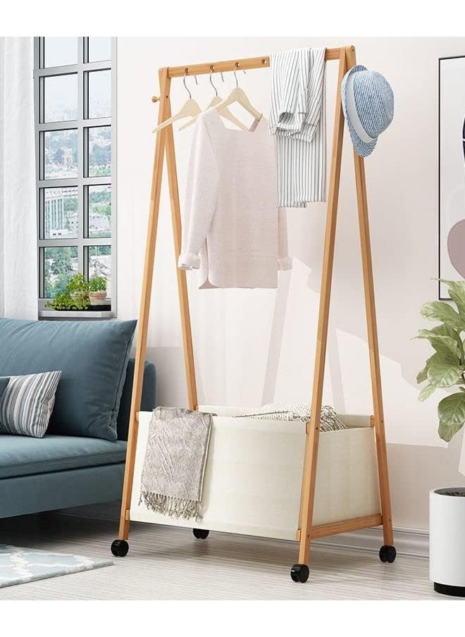 Cady One Wooden Clothes Hanger Organizer and Clothes Rack with Wheels 146 x 65 x 35 cm, Bamboo Clothes Rack with Side Hooks and Fabric Storage Basket  - Image 2