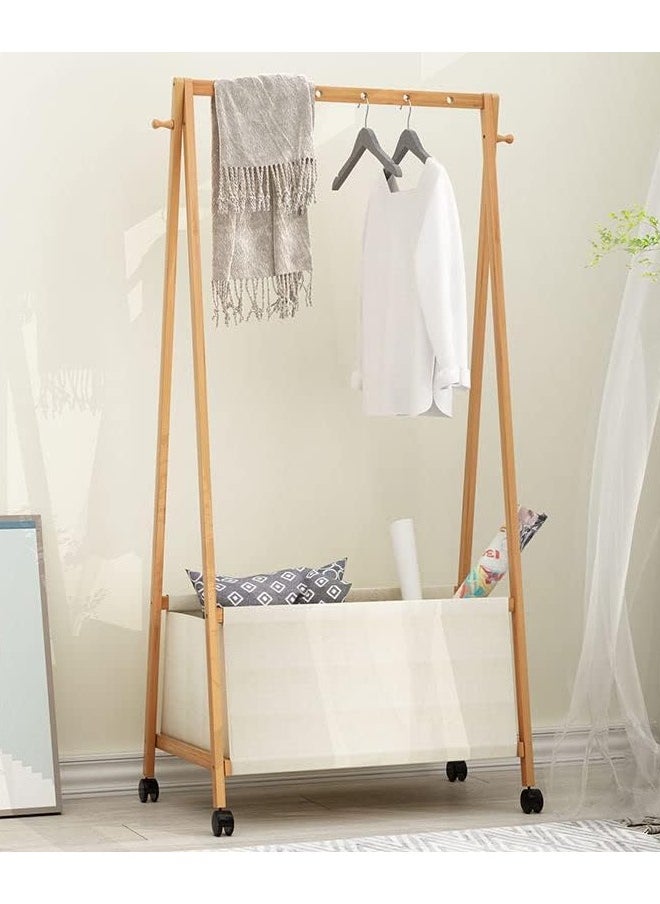 Cady One Wooden Clothes Hanger Organizer and Clothes Rack with Wheels 146 x 65 x 35 cm, Bamboo Clothes Rack with Side Hooks and Fabric Storage Basket  - Image 1