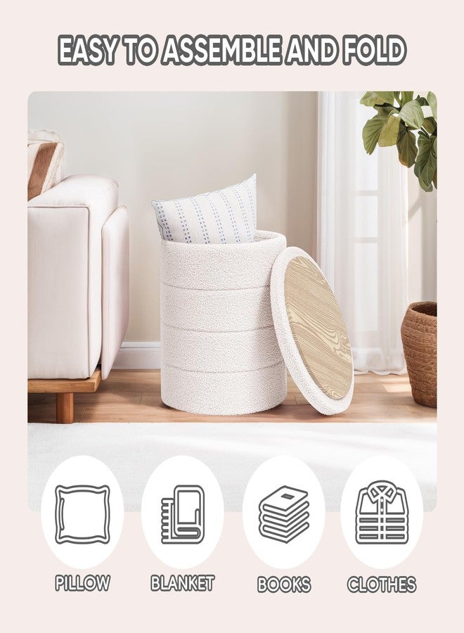 PINPLUS Round Storage Ottoman Foot Rest Stool with Tray Velvet Sherpa Folding Storage Ottoman,Boucle Foot Rest for Living Room, Bedroom, Dorm,White Color - Image 3