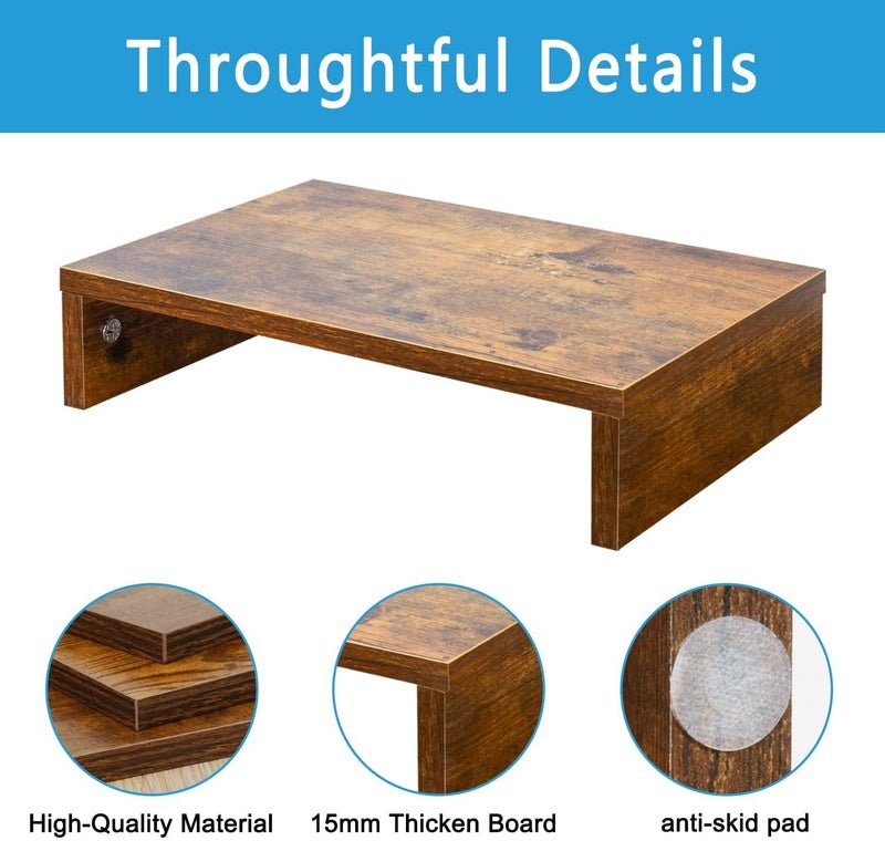 Md Decor 142 inch Monitor Stand Riser Rustic Brown Wood Monitor Riser with Storage for Desk Small Monitor Stand TVScreenPCLaptop Riser Computer Stand Desktop Shelf Brown142 inch - Image 3