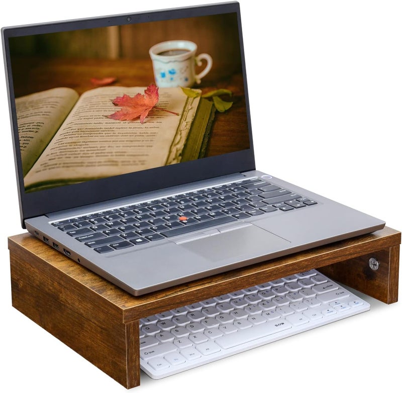 Md Decor 142 inch Monitor Stand Riser Rustic Brown Wood Monitor Riser with Storage for Desk Small Monitor Stand TVScreenPCLaptop Riser Computer Stand Desktop Shelf Brown142 inch - Image 2