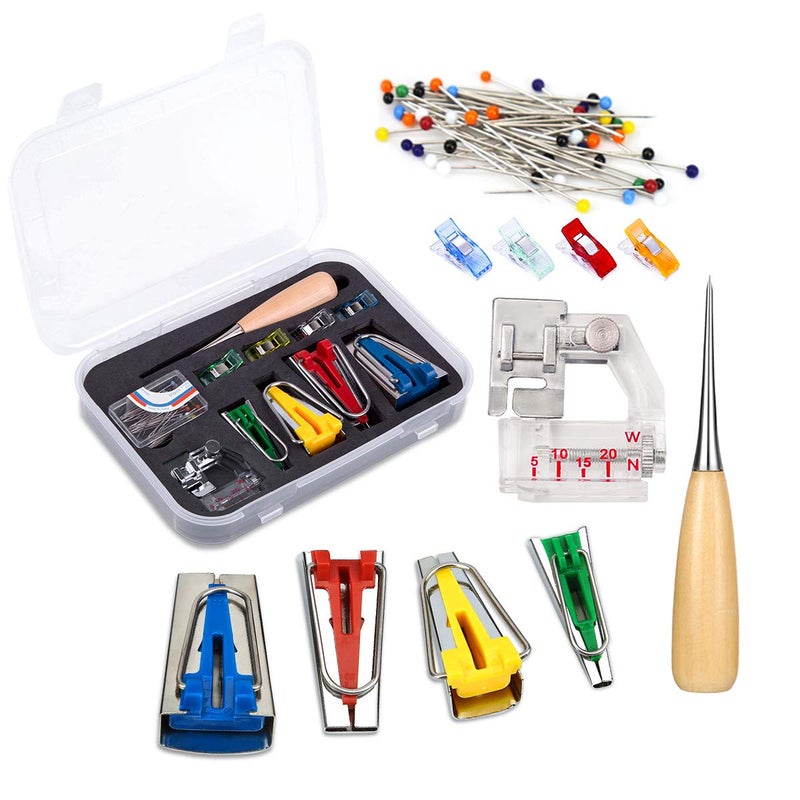 BUTUZE Fabric Bias Tape Makers Kit with Sewing Awl Positioning Pin Adjustable Binder ClipWooden AwlFoot Press Practical Bias Tape Maker Set for SewingQuilting